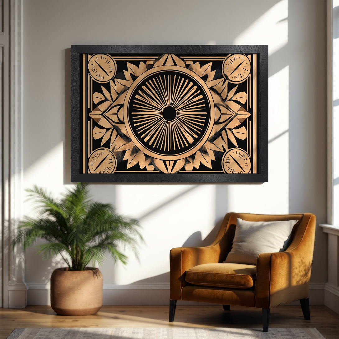 Framed Poster featuring a geometric design in black and gold. Stylish art print for modern home decor.