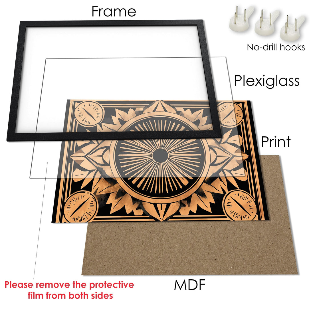 Framed Poster featuring an Art Deco design in black and gold. Elevate your space with this stylish wall art.