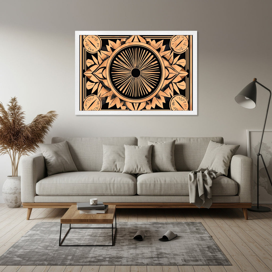 Framed Poster featuring a geometric design in black and gold. Modern art print with a warm color palette, perfect for home decor.