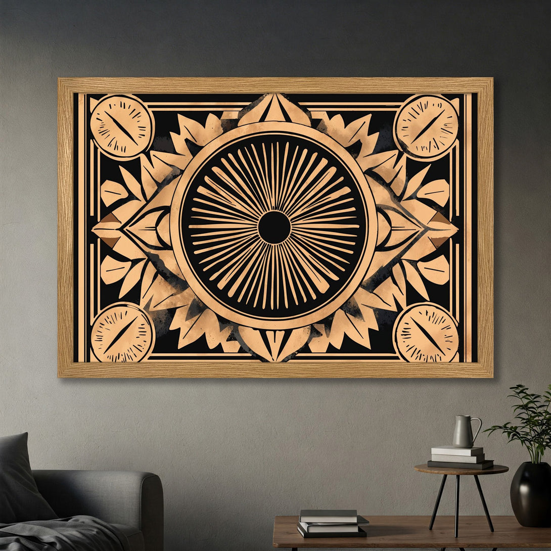 Framed Poster featuring an Art Deco style design in black and gold tones, perfect wall art for any room.