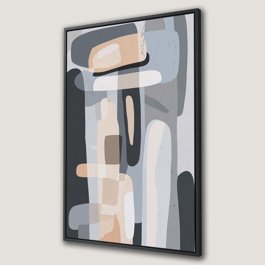 Framed Wall Art featuring an abstract design in neutral tones. Modern canvas print with a geometric, minimalist style and a muted color palette of gray, beige, and black.