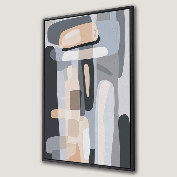 Framed Wall Art featuring an abstract design in neutral tones. Modern canvas print with a geometric, minimalist style and a muted color palette of gray, beige, and black.