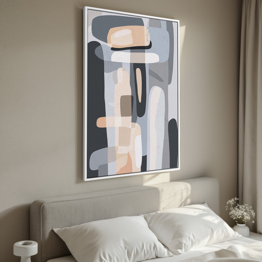 Framed Wall Art: Abstract art print in neutral tones of gray, beige, and peach. Modern art for bedroom decor. Enhance your space with this stylish canvas print.