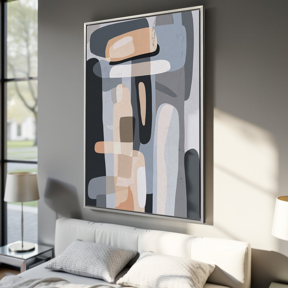 Framed Wall Art featuring an abstract geometric design in neutral tones of gray, black, and peach. Modern art for your home decor.