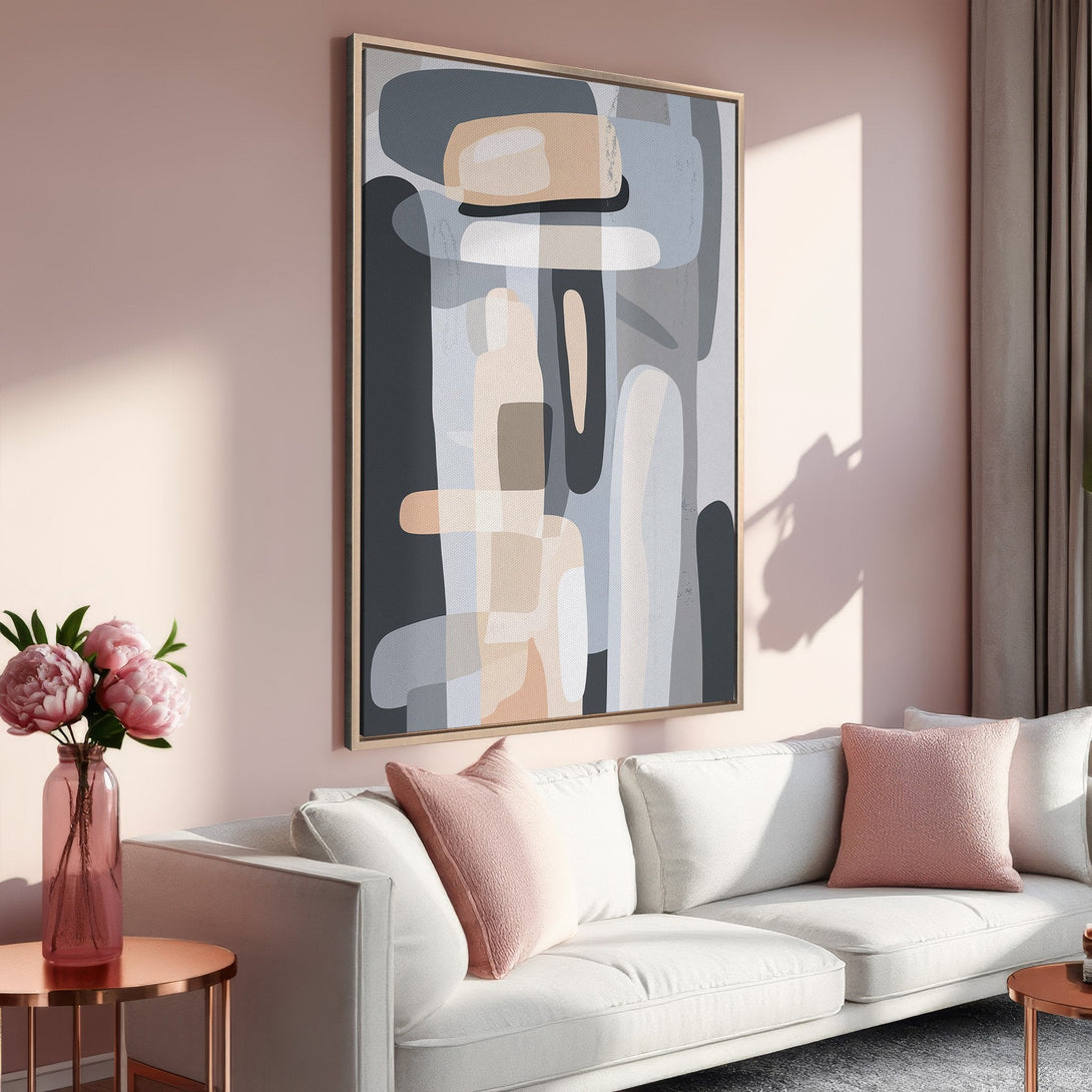 Framed Wall Art: Abstract canvas print in neutral tones of gray, beige, and black. Modern art for living room decor, adding a touch of elegance.