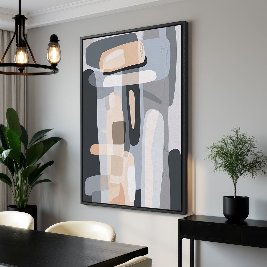 Framed Wall Art: Modern abstract art in neutral tones (gray, beige, black) displayed in a stylish interior. Perfect for minimalist decor.