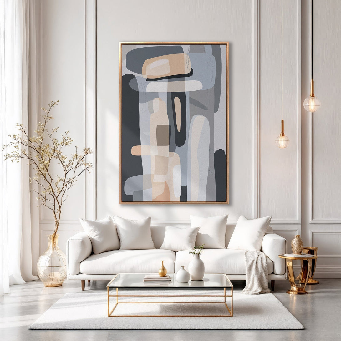 Framed Wall Art: Modern abstract painting in neutral tones. Stylish living room decor with a gold frame, perfect for adding a touch of elegance.