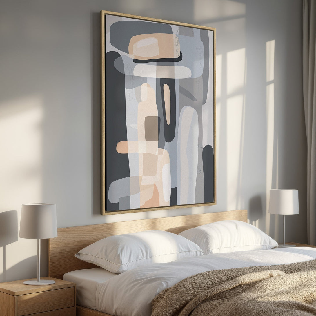 Framed Wall Art: Abstract art print in neutral tones. Modern, minimalist style with a gray, beige, and black color palette, perfect for bedroom decor.