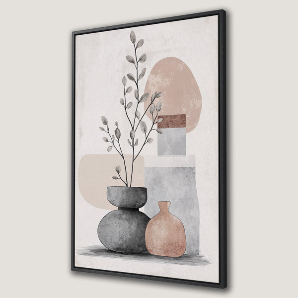 Framed Wall Art featuring an abstract botanical design in a minimalist style with a neutral color palette of beige, gray, and blush tones. Perfect for modern decor.