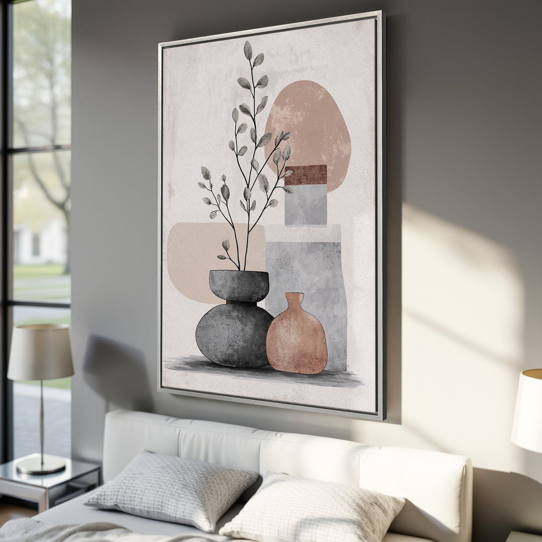 Framed Wall Art: Abstract botanical Canvas Print in neutral tones. Modern art with muted pink, gray, and beige palette, perfect for bedroom decor.
