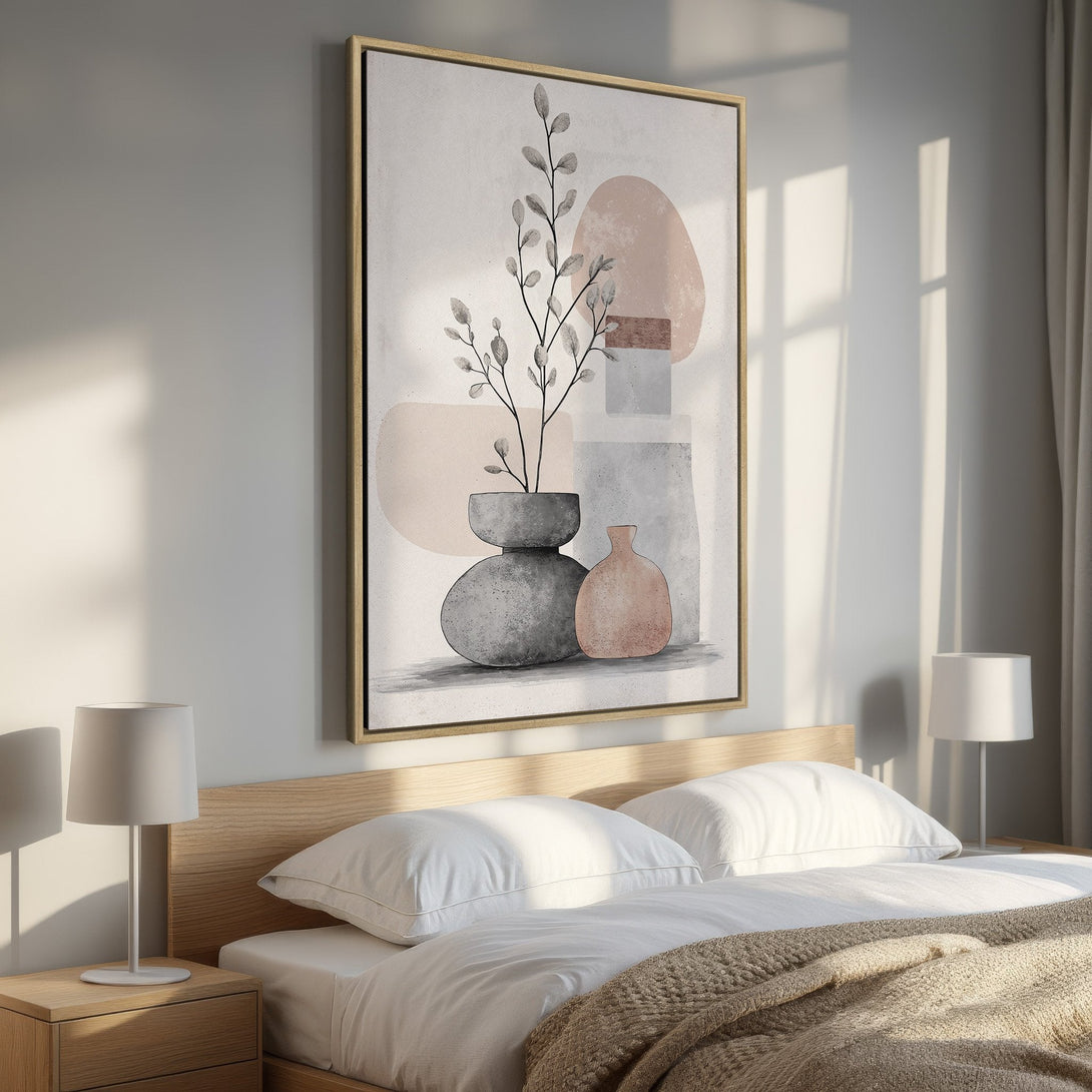 Framed Wall Art featuring an abstract botanical design in neutral tones. Perfect for bedroom decor, this canvas print adds a touch of modern elegance.