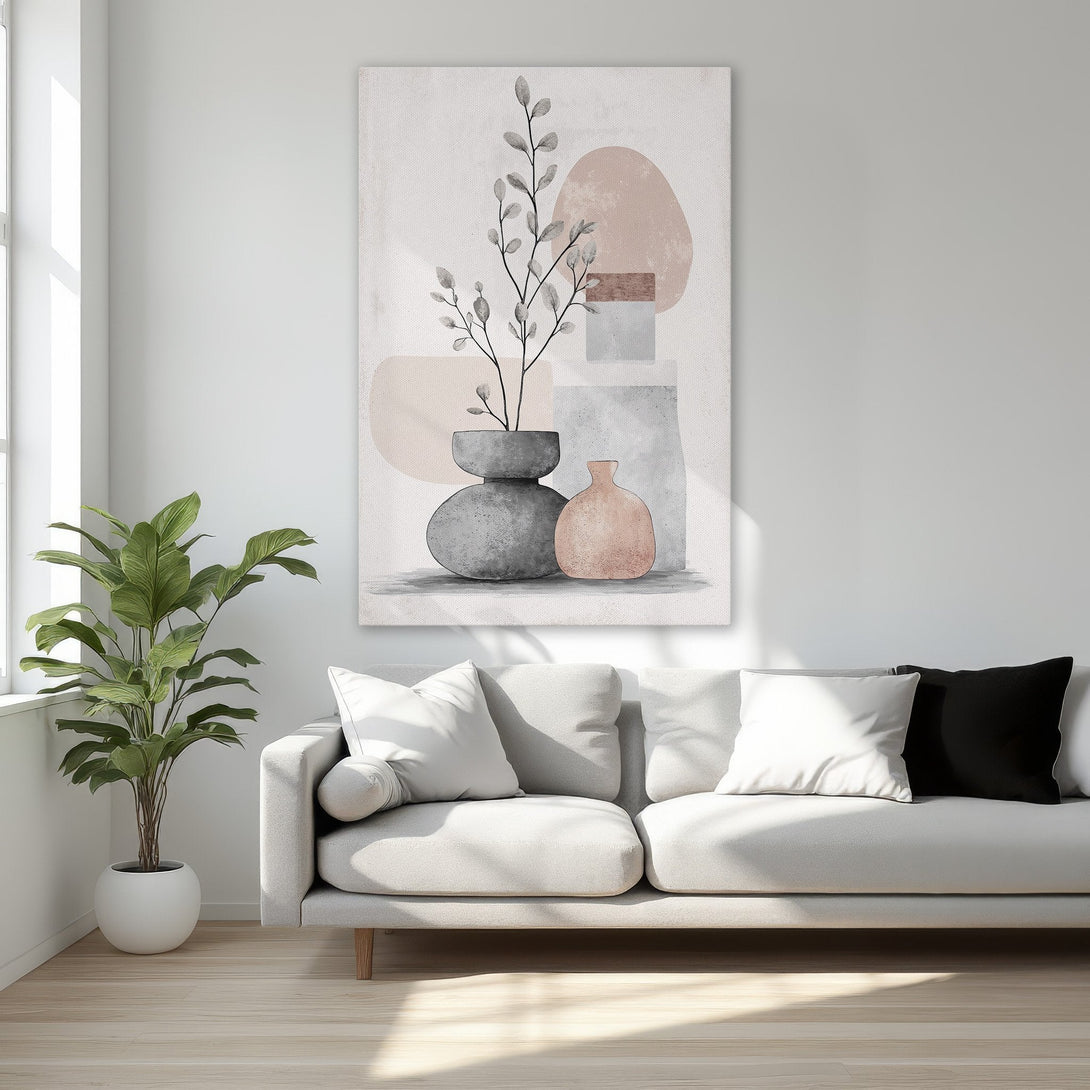 Framed Wall Art: Abstract botanical print in neutral tones of gray, beige, and blush. Modern art canvas print adds elegance to any interior.