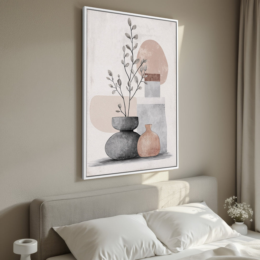 Framed Wall Art featuring abstract botanical art in neutral tones. Modern Canvas Print with a minimalist style, perfect for bedroom decor.