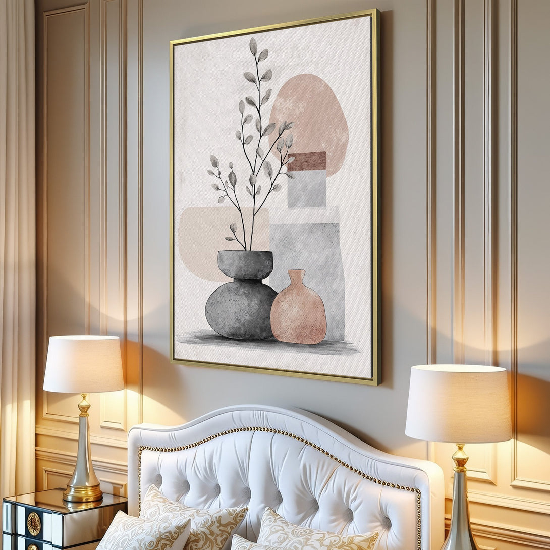 Abstract botanical Canvas Print in a modern interior. Features neutral tones and soft blush accents. Perfect wall art for a serene living space.