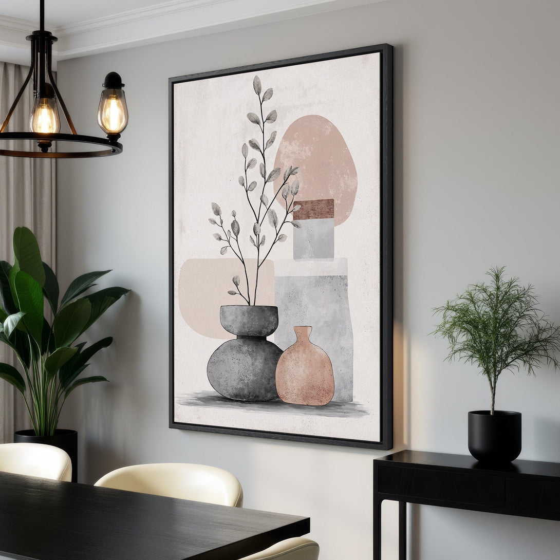 Framed Wall Art featuring an abstract botanical design in neutral tones. Modern canvas print adds a touch of elegance to any interior. Shop now!