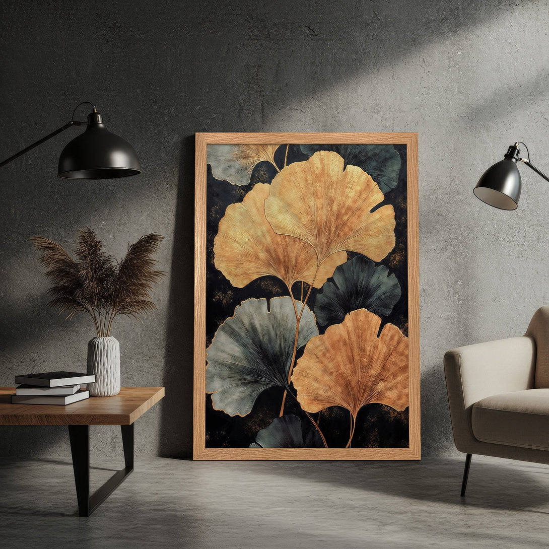 Framed Poster featuring gold and teal ginkgo leaves on a dark background. Modern art print with a neutral color palette for home decor.