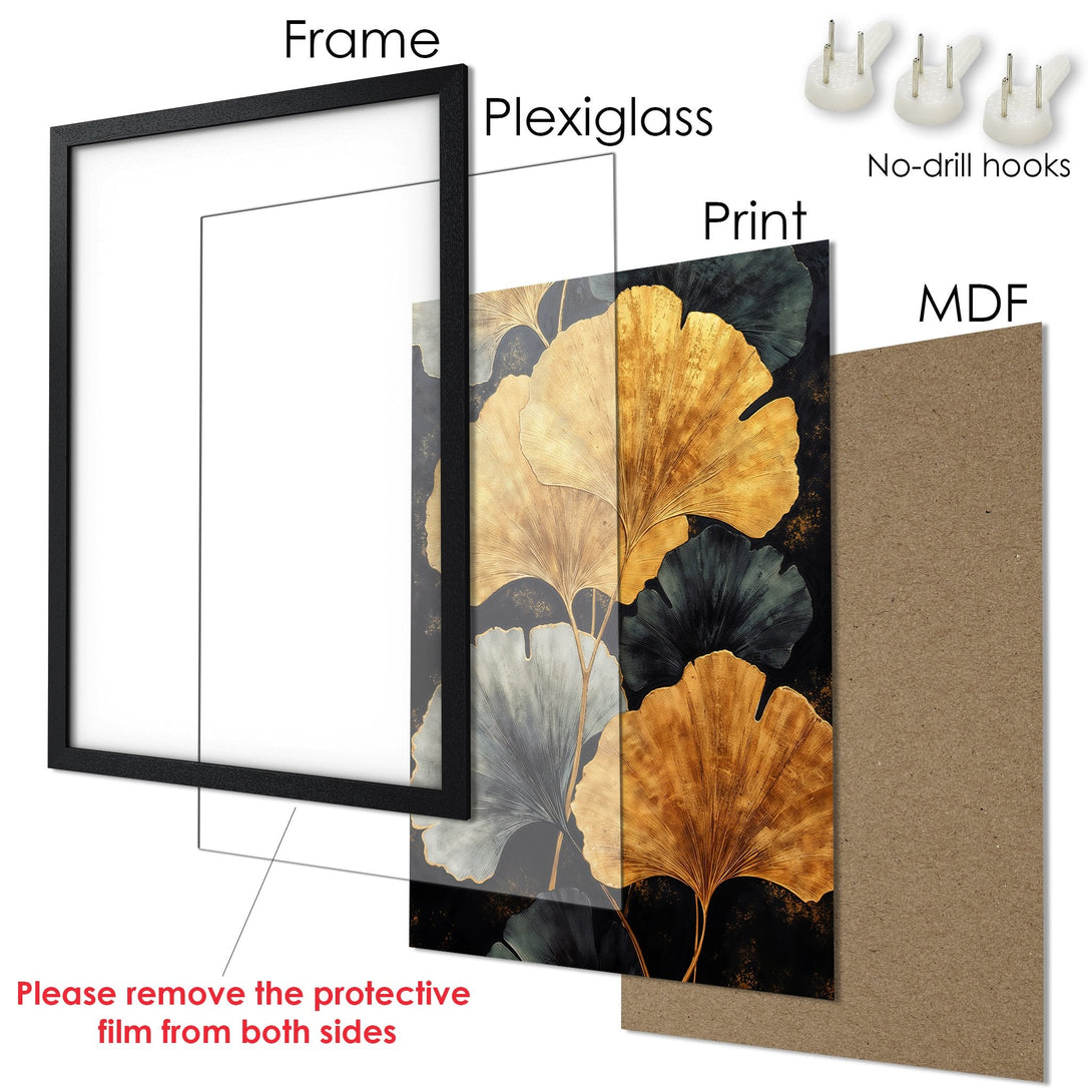 Framed Poster featuring botanical art in gold, gray, and black. Elegant wall decor for your home.