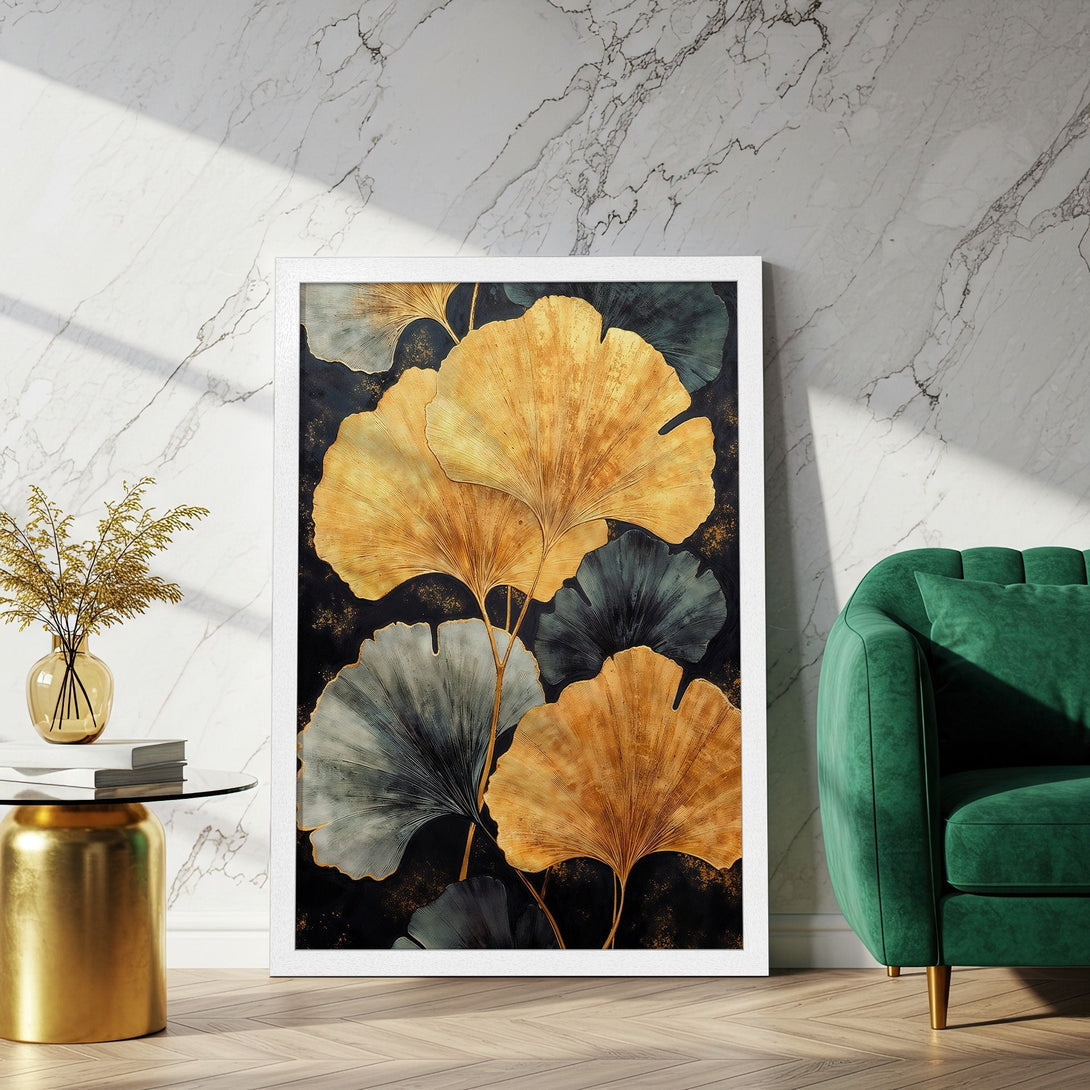 Framed Poster featuring gold and teal ginkgo leaves art print. Modern botanical wall decor with a black background. Enhance your home with this stylish Poster.