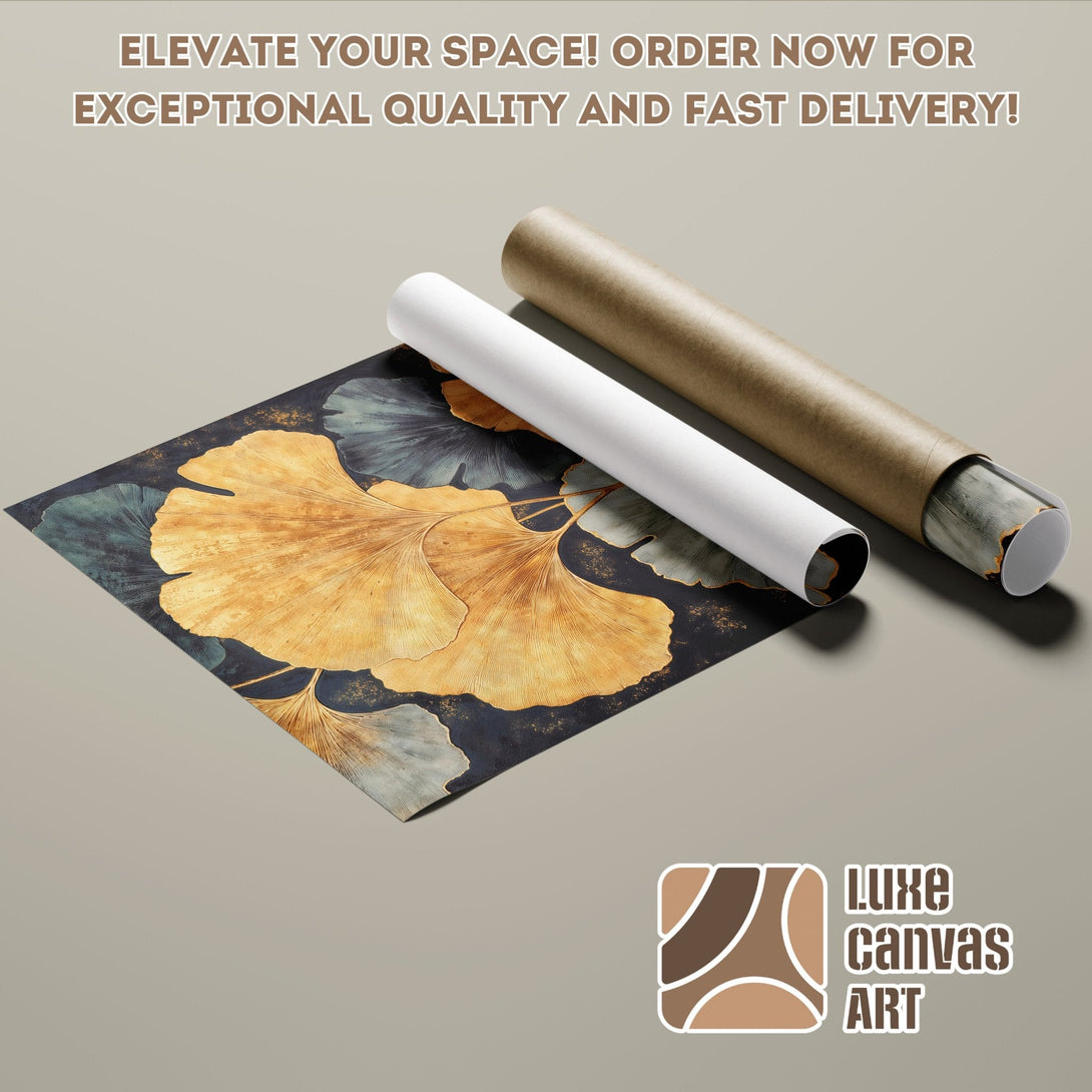 Ginkgo leaf art poster roll in gold and teal. Elevate your space with this stunning poster!
