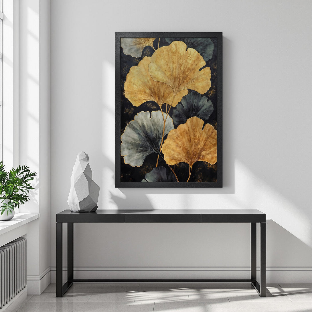 Framed Poster featuring gold and grey ginkgo leaves on a dark background. Modern botanical art in a sophisticated color palette.