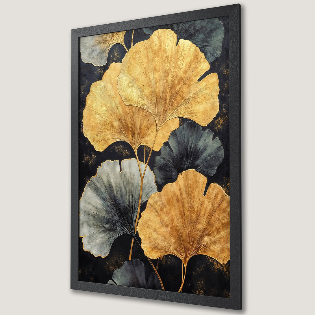 Framed Poster featuring gold and gray ginkgo leaves on a black background. Elegant art print with a modern style and rich color palette.