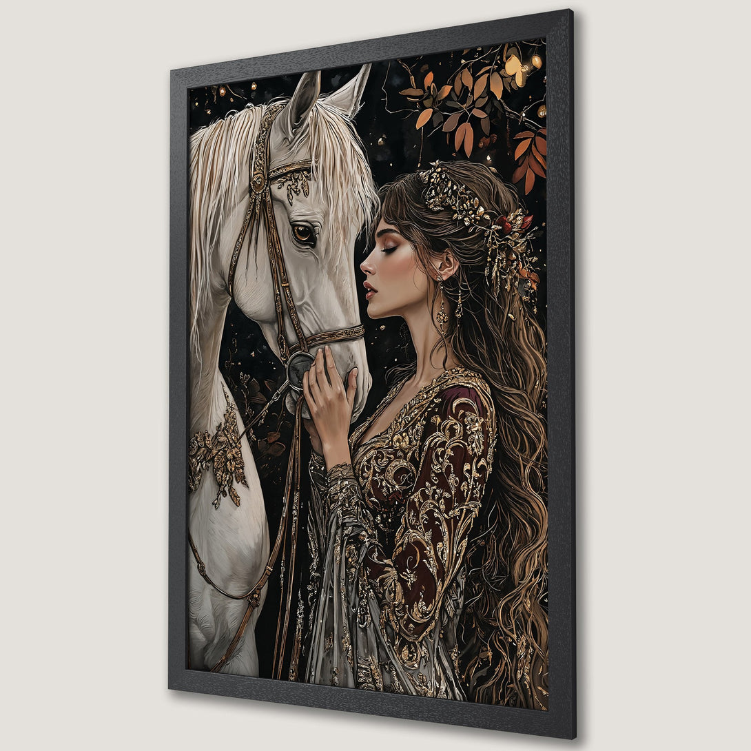 Framed Poster featuring a woman with a raven, oil painting style, rich red and black color palette. Add a touch of gothic elegance to your space!