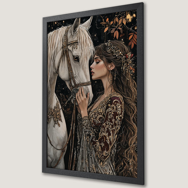 Framed Poster featuring a woman with a raven, oil painting style, rich red and black color palette. Add a touch of gothic elegance to your space!