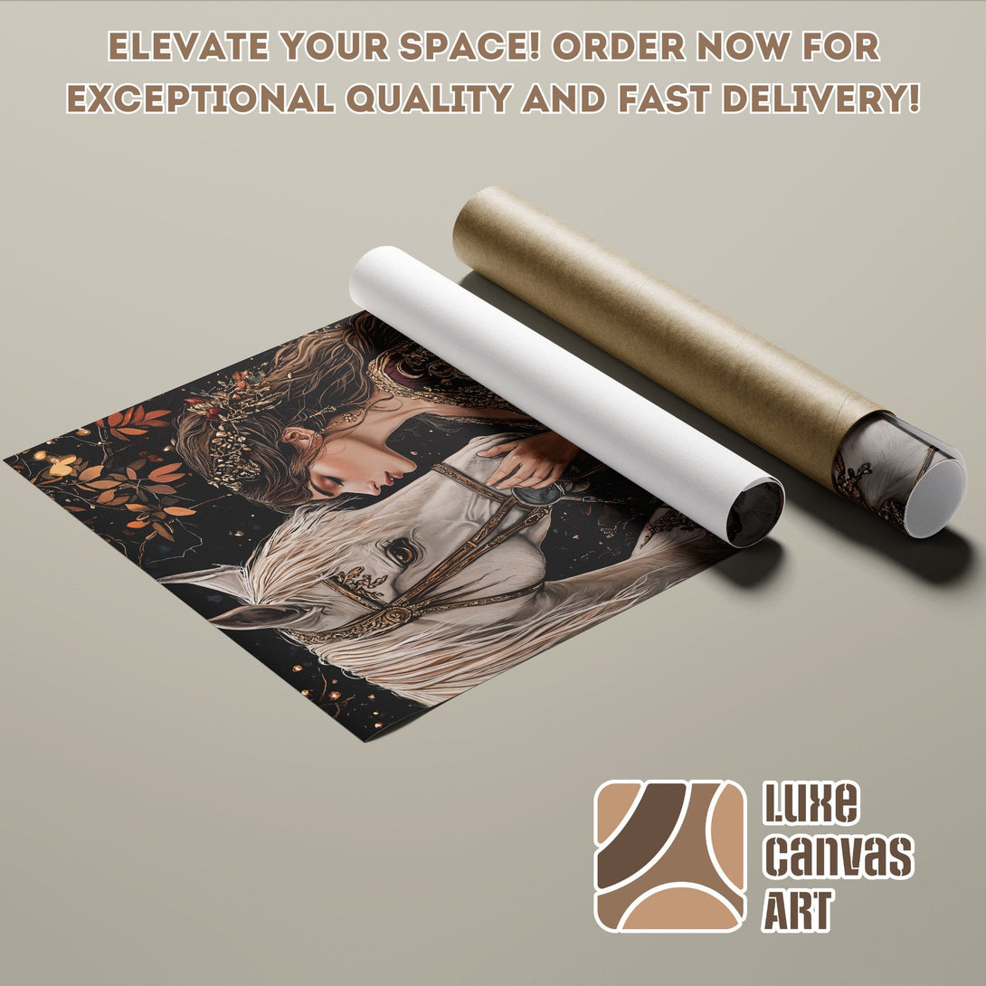 Abstract art poster roll featuring a woman in red, rich color palette. Elevate your space with this poster!