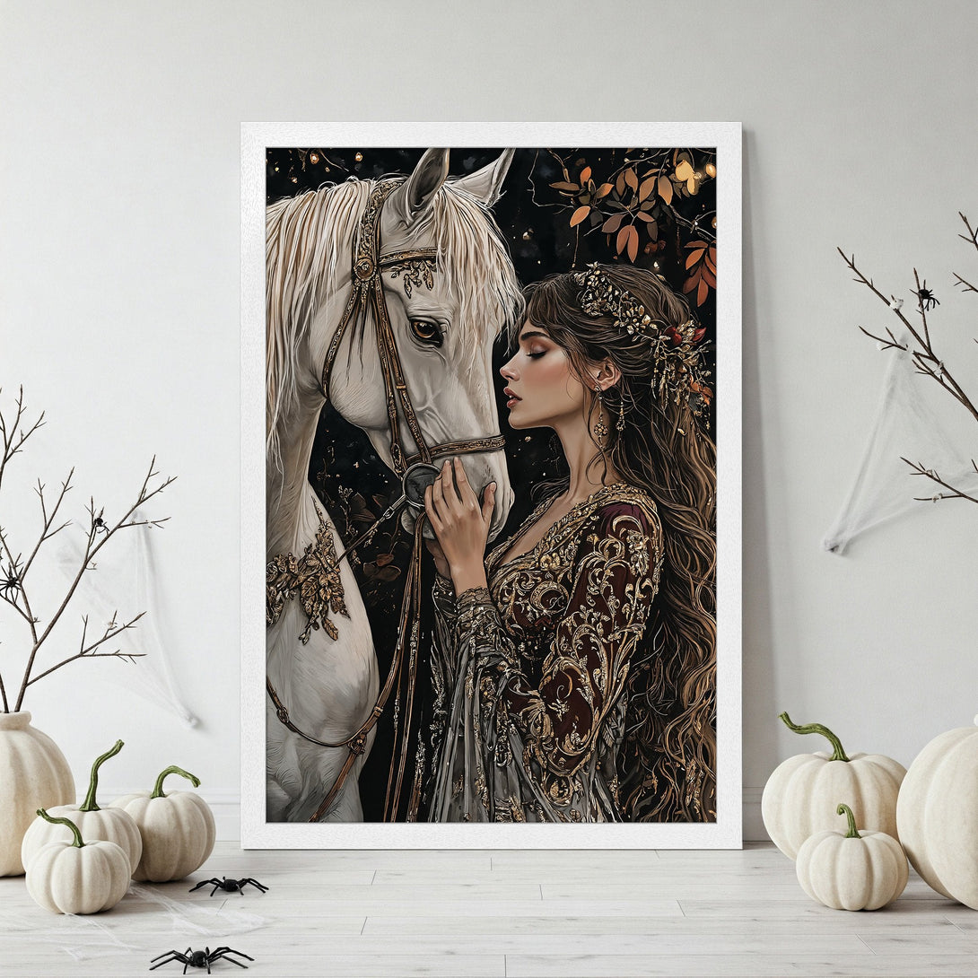 Framed Poster featuring a gothic woman with a raven, in a red and black color palette. Perfect Halloween decor!