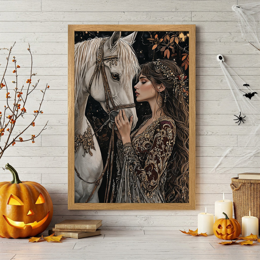 Framed Poster featuring a woman with a raven, in an impressionist style, with a red and black color palette. Perfect Halloween decor!