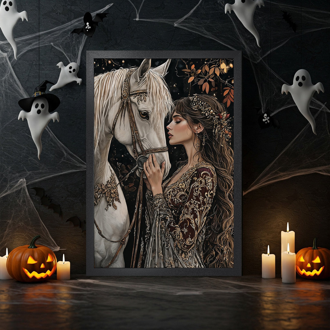 Framed Poster featuring a gothic woman with a raven, painted in an expressive style with a red, black, and white color palette. Perfect Halloween decor!