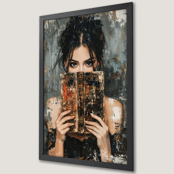 Framed Poster: Woman with book, expressive art style, muted gray and gold palette. Add a touch of elegance to your space!