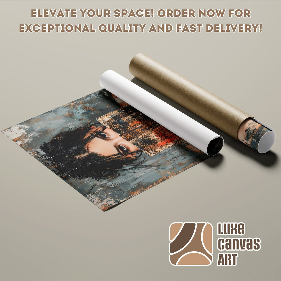 Abstract portrait Poster Roll in blue, brown, and beige tones. Elevate your space today!