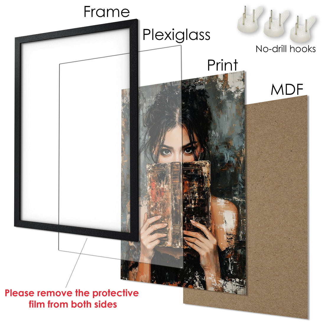 Framed Poster featuring a woman with a book, abstract style, and a dark, moody color palette. Perfect wall art!