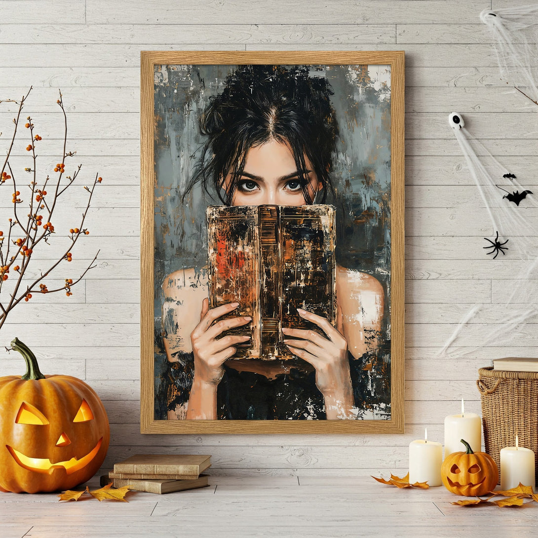 Framed Poster featuring a woman reading, abstract style, with gray, gold, and brown tones. Perfect Halloween decor!
