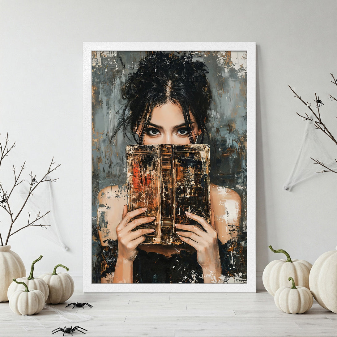 Framed Poster: Woman with book, abstract art style, moody gray, black, and gold color palette. Perfect wall art for your home!