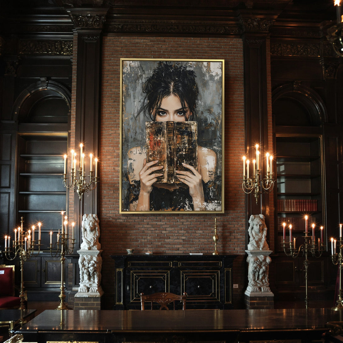 Canvas Print: Mysterious woman with book, moody art in gray and gold tones. Perfect for a gothic interior. Shop now!