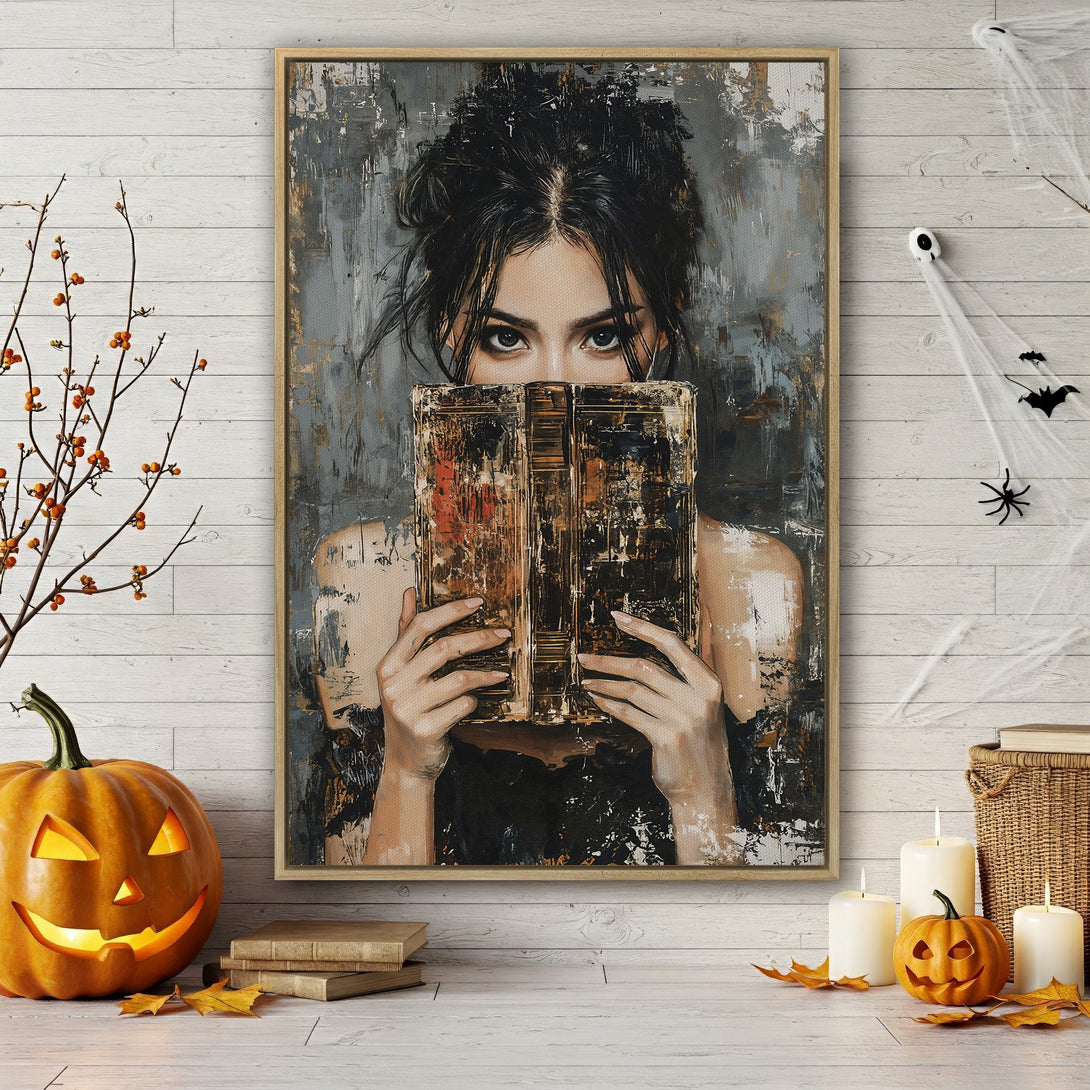Framed Wall Art featuring a woman with book, abstract art style, moody gray and gold palette. Perfect for Halloween decor and adding a touch of mystery.