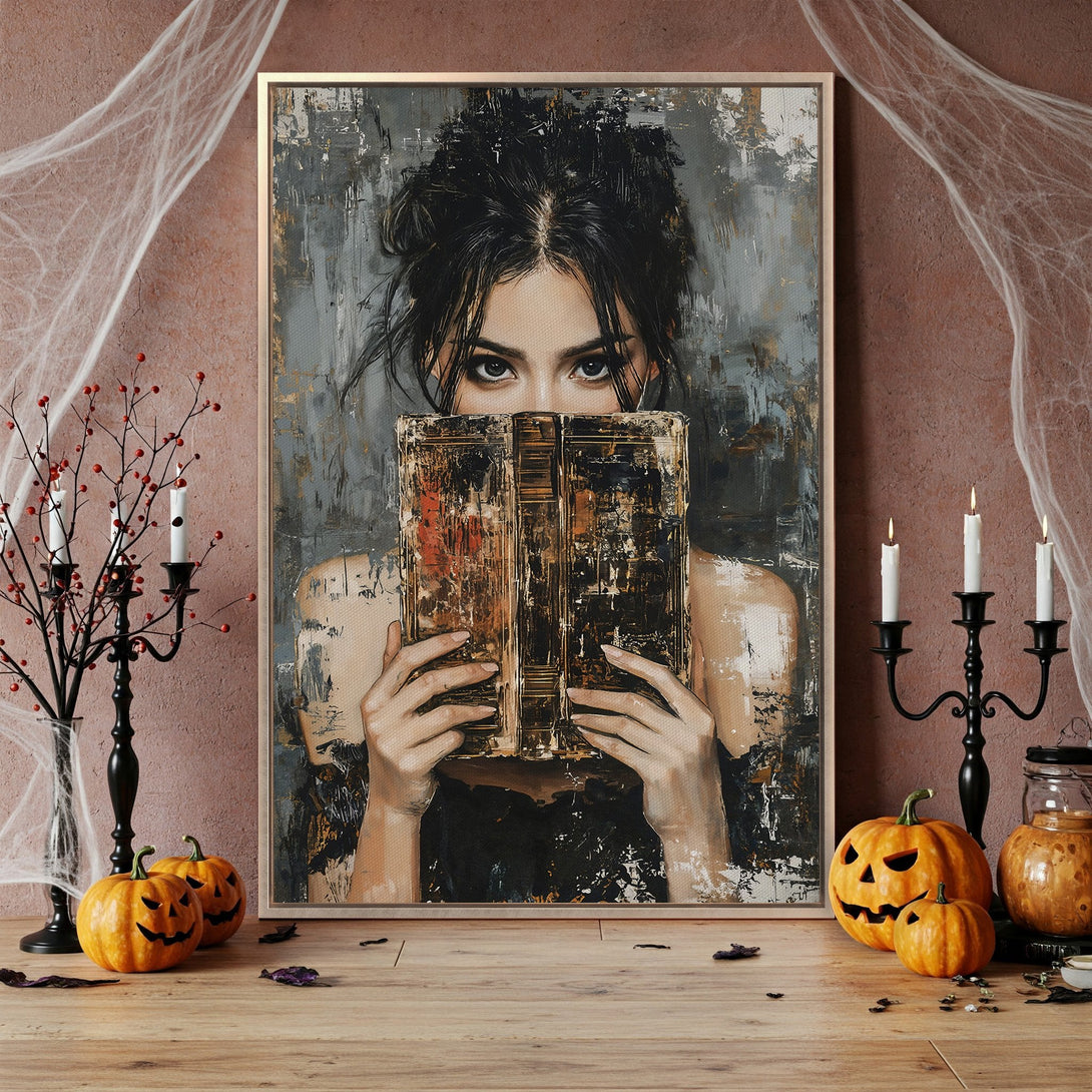 Framed Wall Art: Mysterious woman portrait in a dark, abstract style with a moody gray and gold color palette. Perfect Halloween decor!