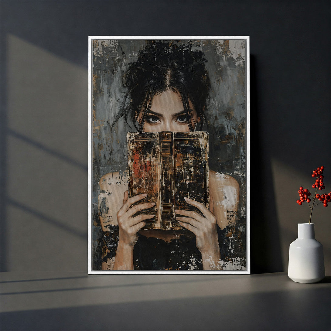 Framed Wall Art: Abstract portrait of a woman with a book, in a moody, textured style. Features a neutral, gray and gold color palette.
