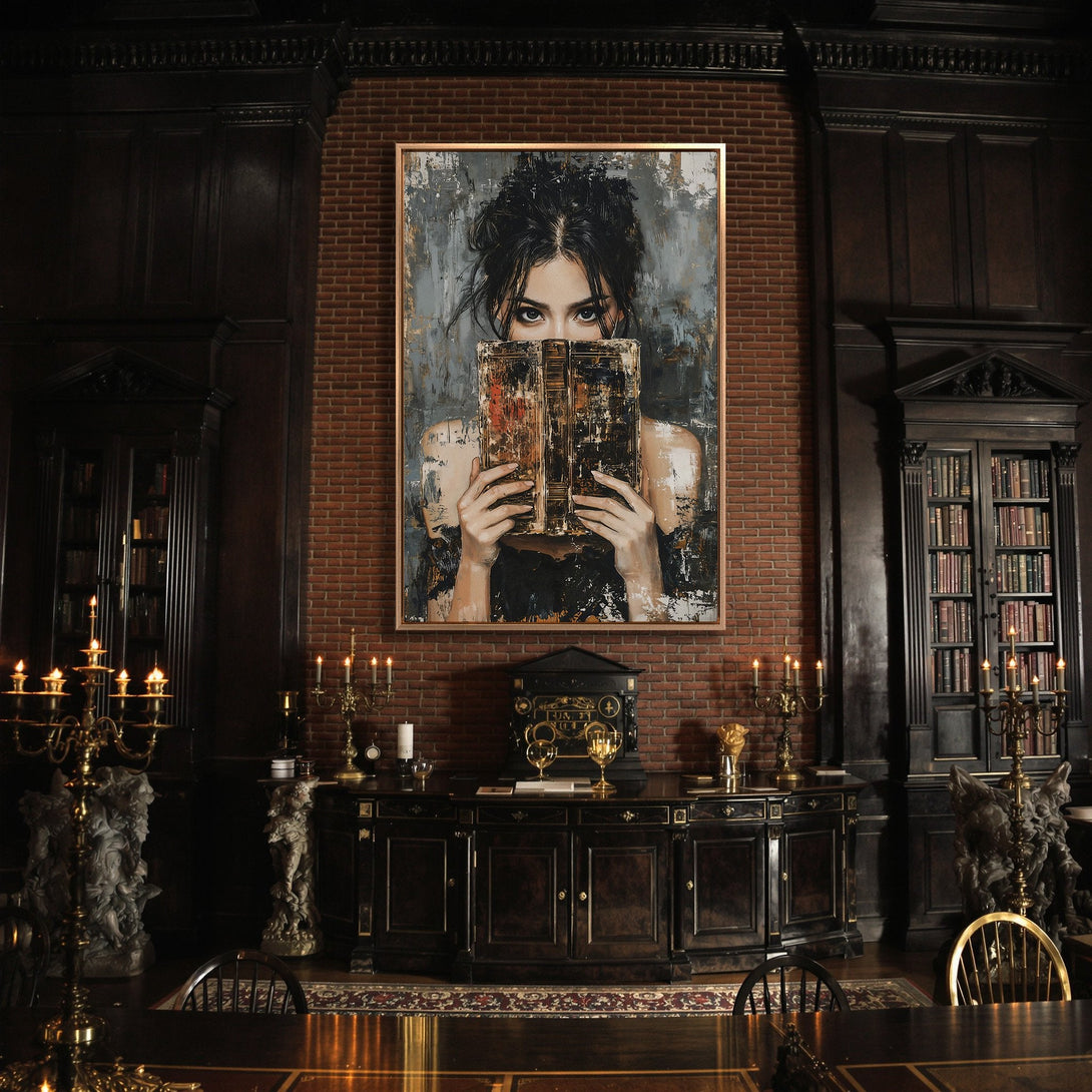 Framed Wall Art: Abstract portrait of a woman with a book, displayed in a dark, elegant library. Features a moody gray, black, and gold color palette.