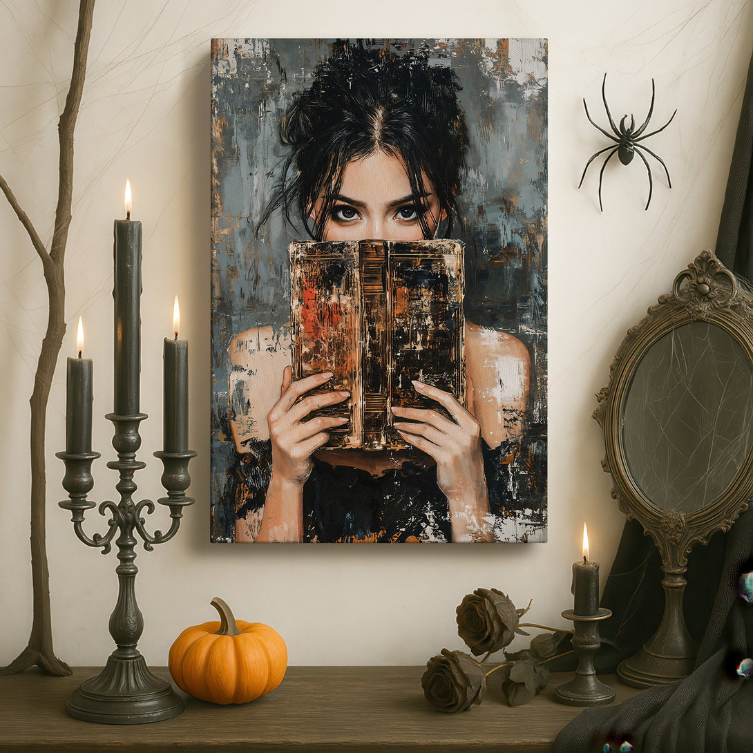Framed Wall Art: Abstract portrait of a woman with a book, displayed in a luxurious interior. Features a moody gray, black, and gold color palette.