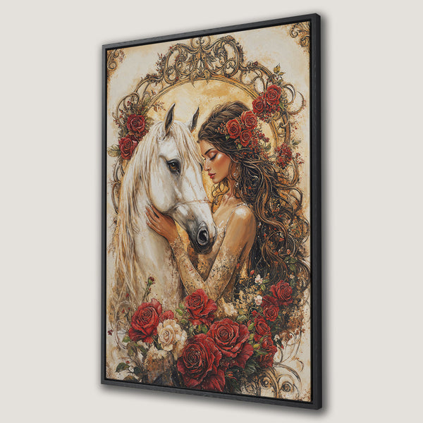 Framed Wall Art featuring a woman and white horse, romantic style with red rose accents and warm, earthy tones. Perfect for home decor.