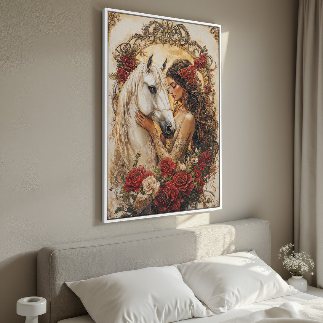 Framed Wall Art: Romantic portrait of woman with horse, surrounded by roses. Warm color palette, perfect for bedroom decor. Art print.