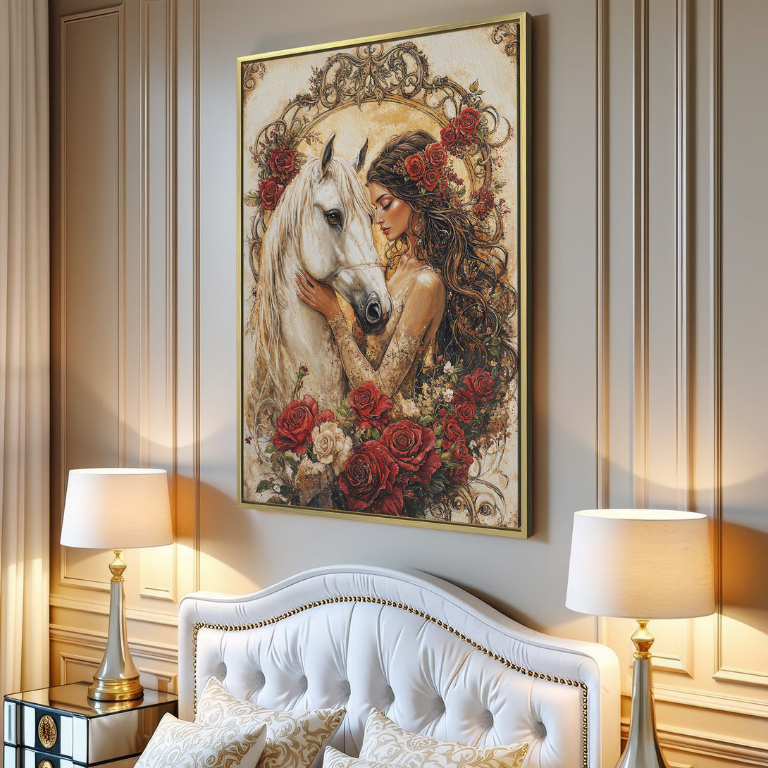Canvas Print of a woman and white horse, romantic art with a vintage style, featuring a warm, earthy color palette with red rose accents.