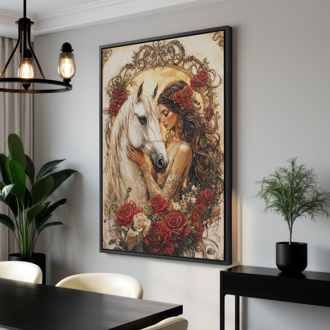 Framed Wall Art featuring a woman and horse, romantic style, warm color palette with red roses. Perfect for home decor.