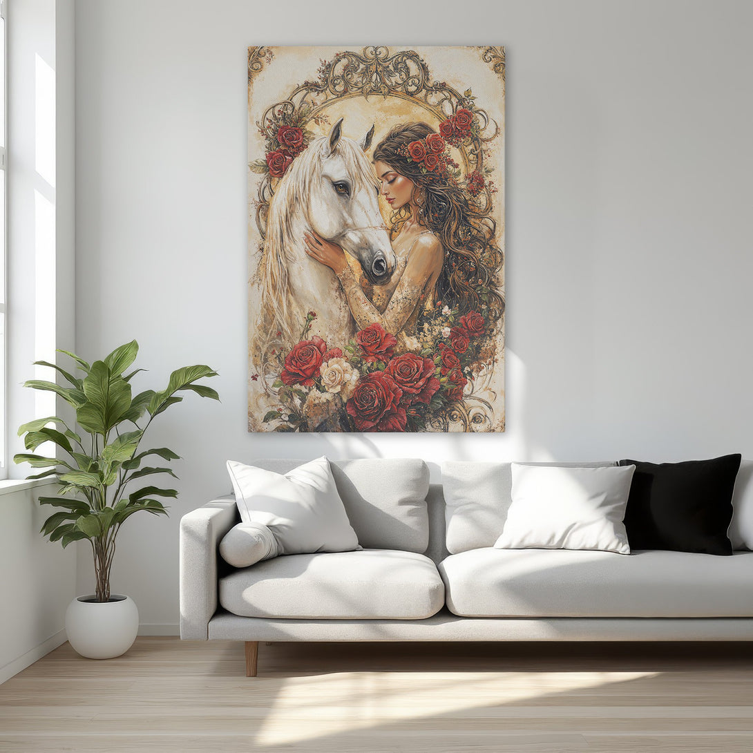 Framed Wall Art: Romantic canvas print of a woman and white horse, surrounded by roses. Warm color palette, perfect for bedroom decor.