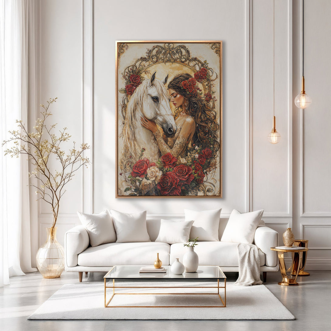 Framed Wall Art: Romantic woman & white horse print in a gold frame. Elegant style, warm red & neutral color palette. Perfect for living room decor.