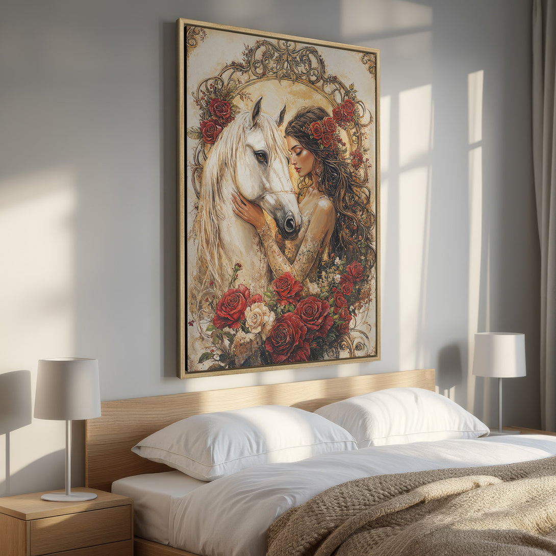 Framed Wall Art: Romantic painting of woman & white horse with red roses. Warm, earthy tones create a serene bedroom aesthetic. Elevate your space!