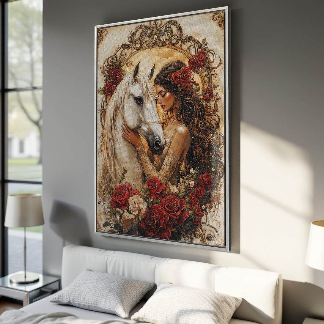 Framed Wall Art: Romantic art print of woman with horse, surrounded by red roses, in a warm, vintage style. Perfect bedroom decor.